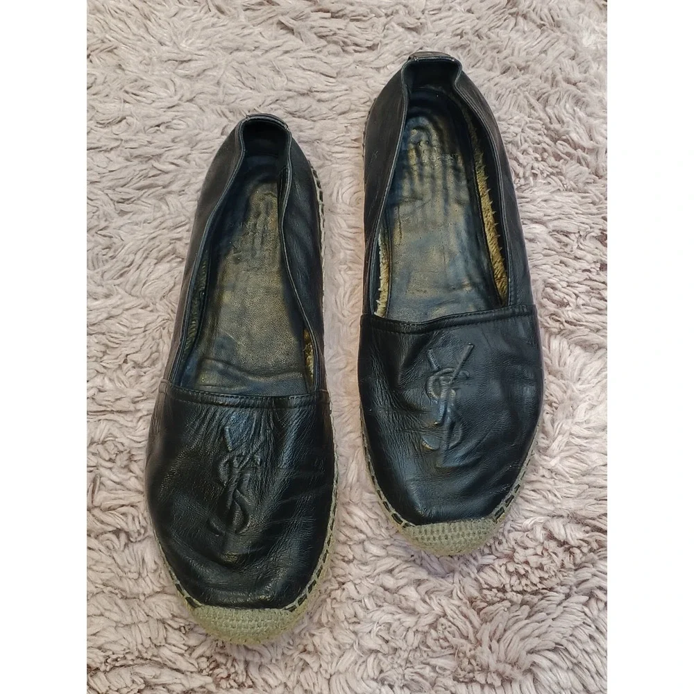 Saint Laurent Black Leather YSL Logo Espadrilles Flats‎ Slip On Shoes